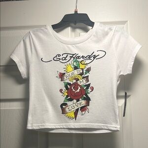 Ed Hardy White Crop Top with Tattoo Art